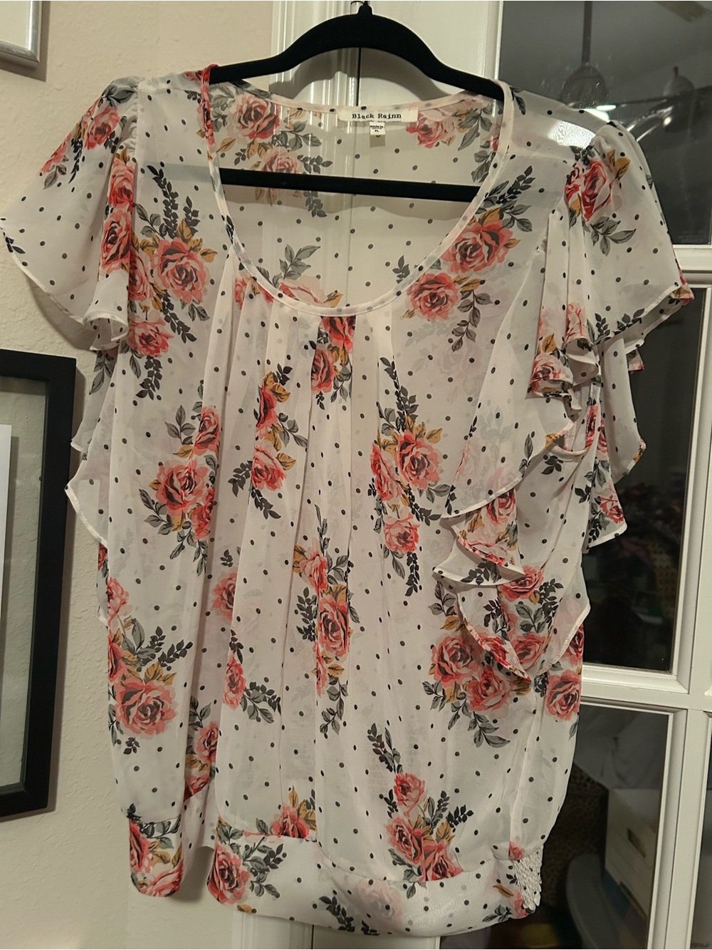 Black Rainn White Floral Polka Dot Ruffle Sleeve Blouse